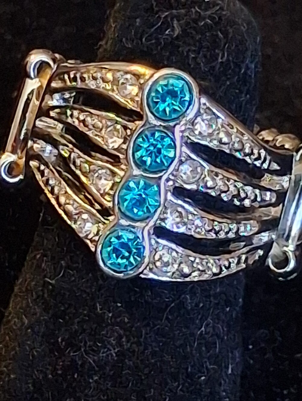 Paparazzi Silvertone Stretch Ring with Turquoise Crystal Accents - Women Jewelry